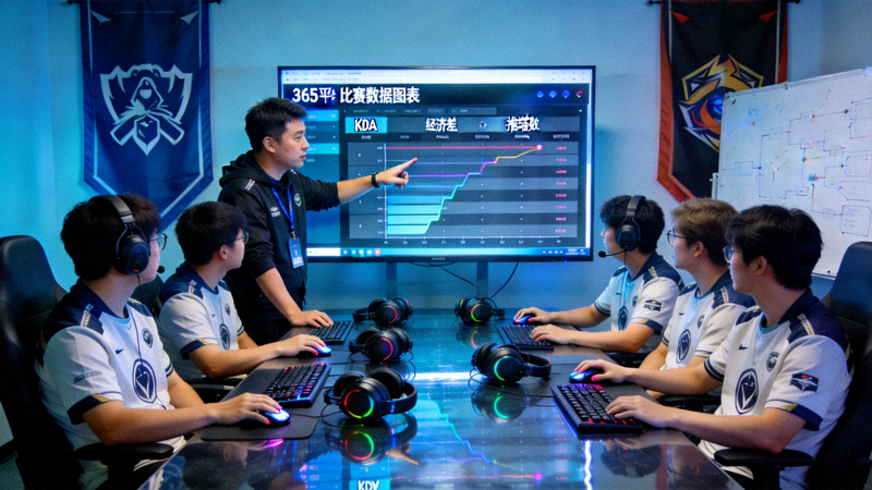 职业电竞战队训练室内，选手和教练正在一起研究365平台上的比赛数据图表