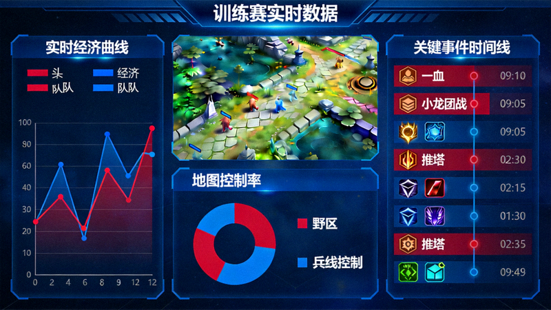 显示训练赛实时经济曲线、地图控制率和关键事件时间线的数据看板